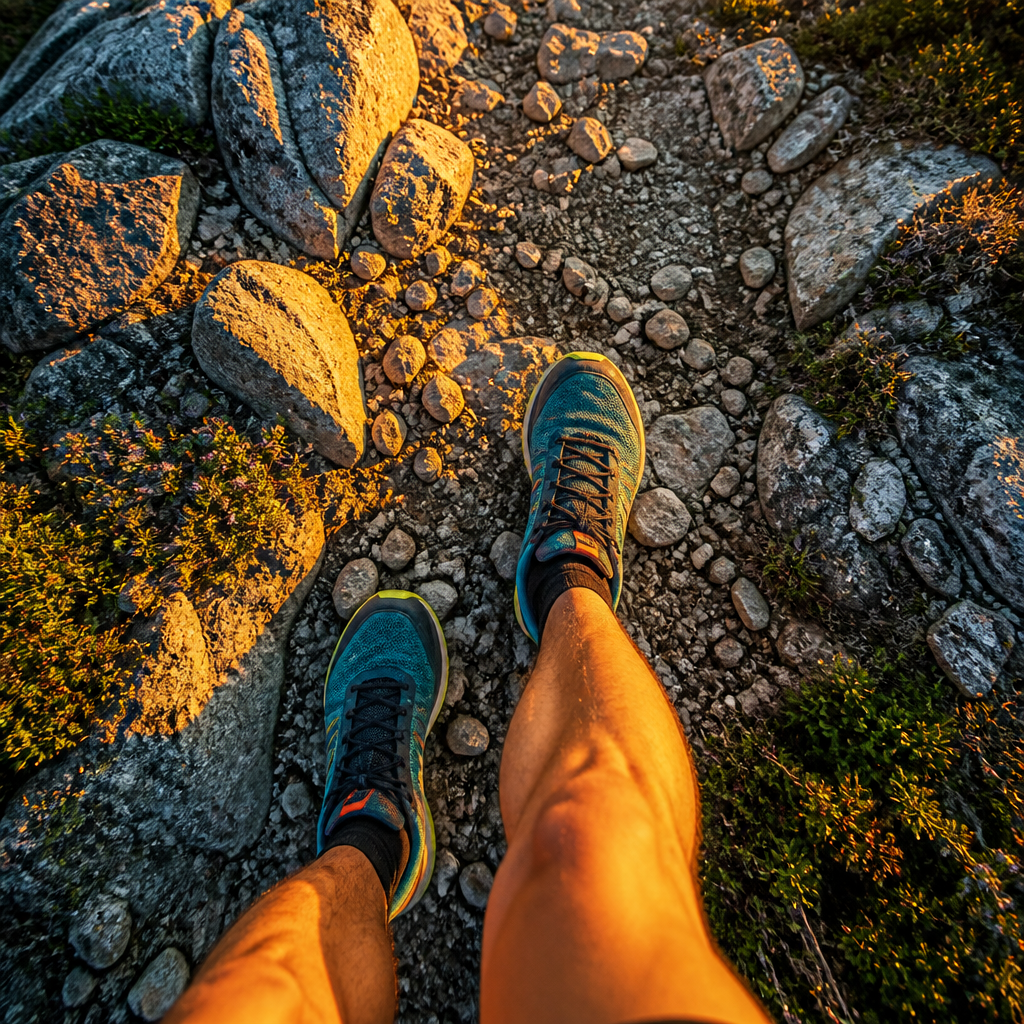 Trail running shoes on mountain path