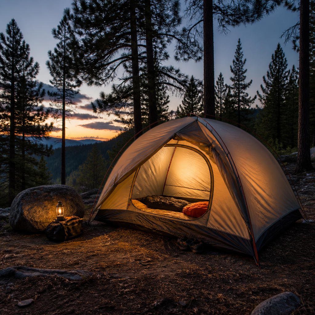 Camping tent set up in forest at dusk