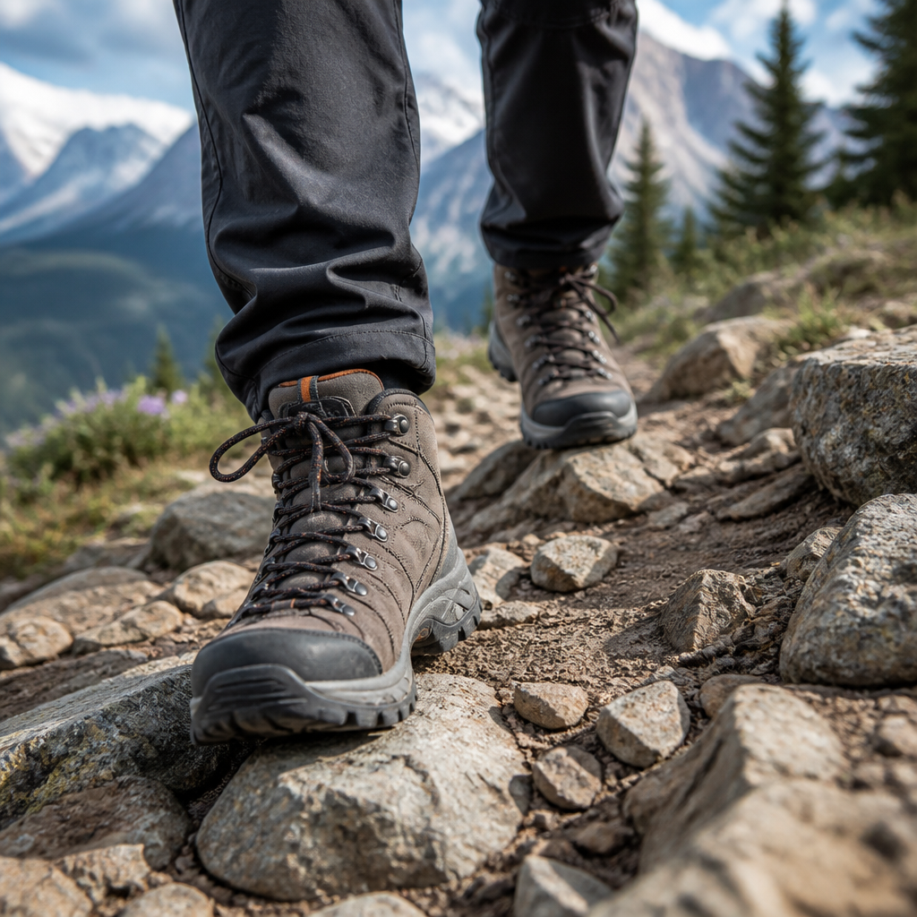 Hiking boots on rocky mountain trail