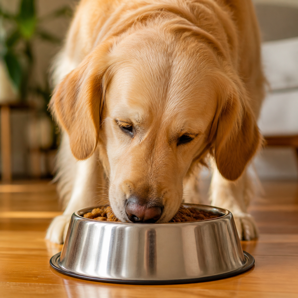Dog eating from bowl