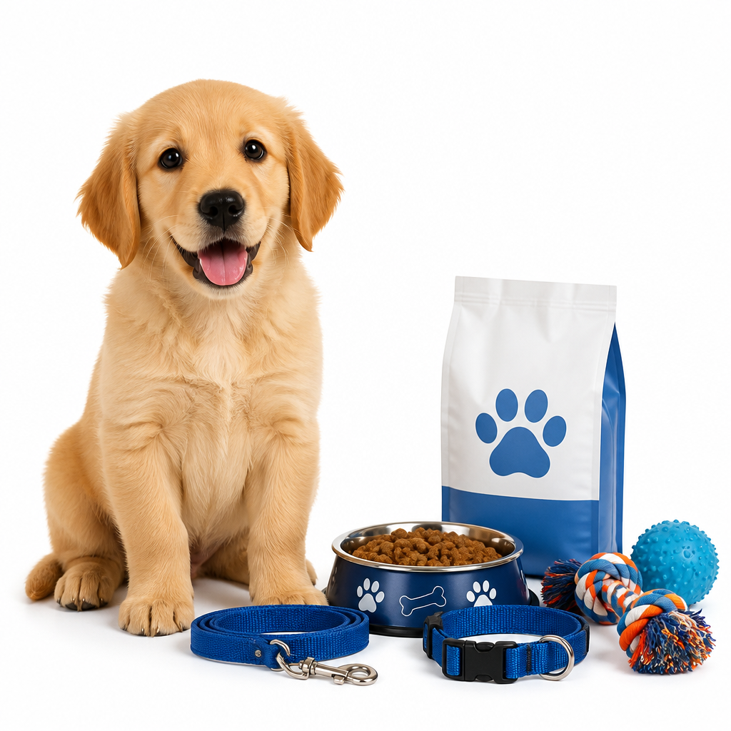 Puppy with essential pet supplies