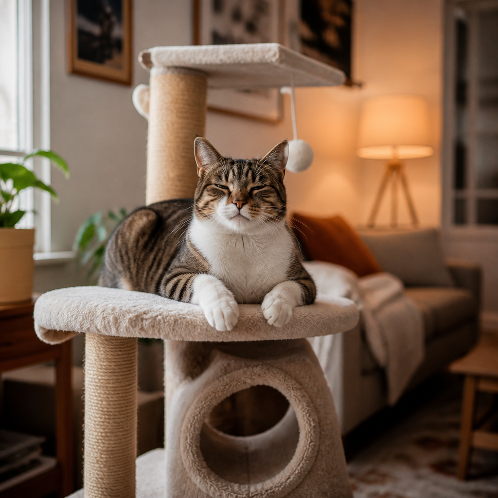 Happy cat on cat tree at home