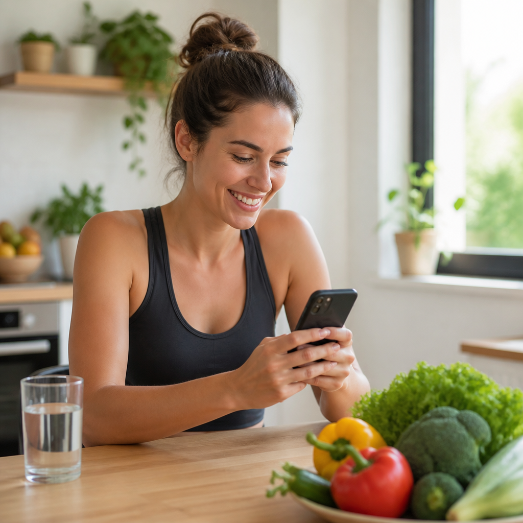 Woman tracking health progress on Noom app