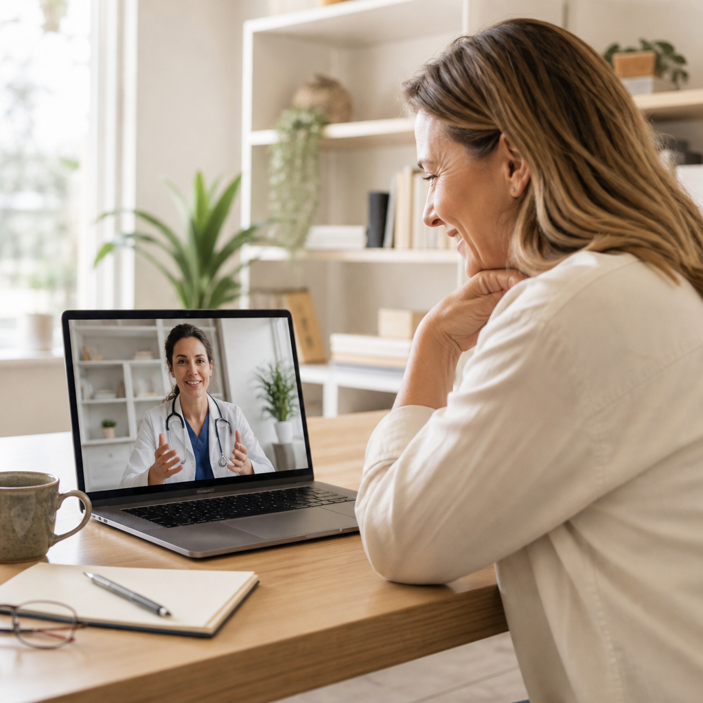 Woman having an online video consultation with a healthcare provider on a laptop
