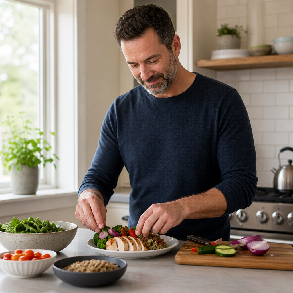 Man preparing a balanced healthy meal with vegetables in a bright kitchen